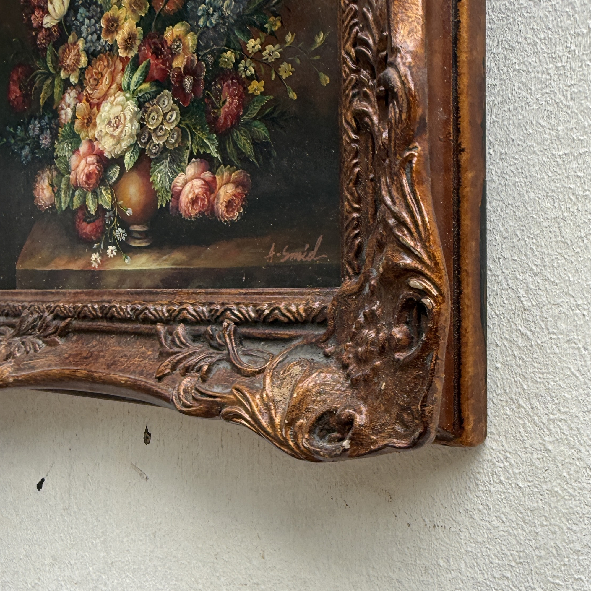 Classic Flower Bouquet Oil Painting “Ornate Brown Frame” Original Vintage Art - 12.6 × 11.0 in