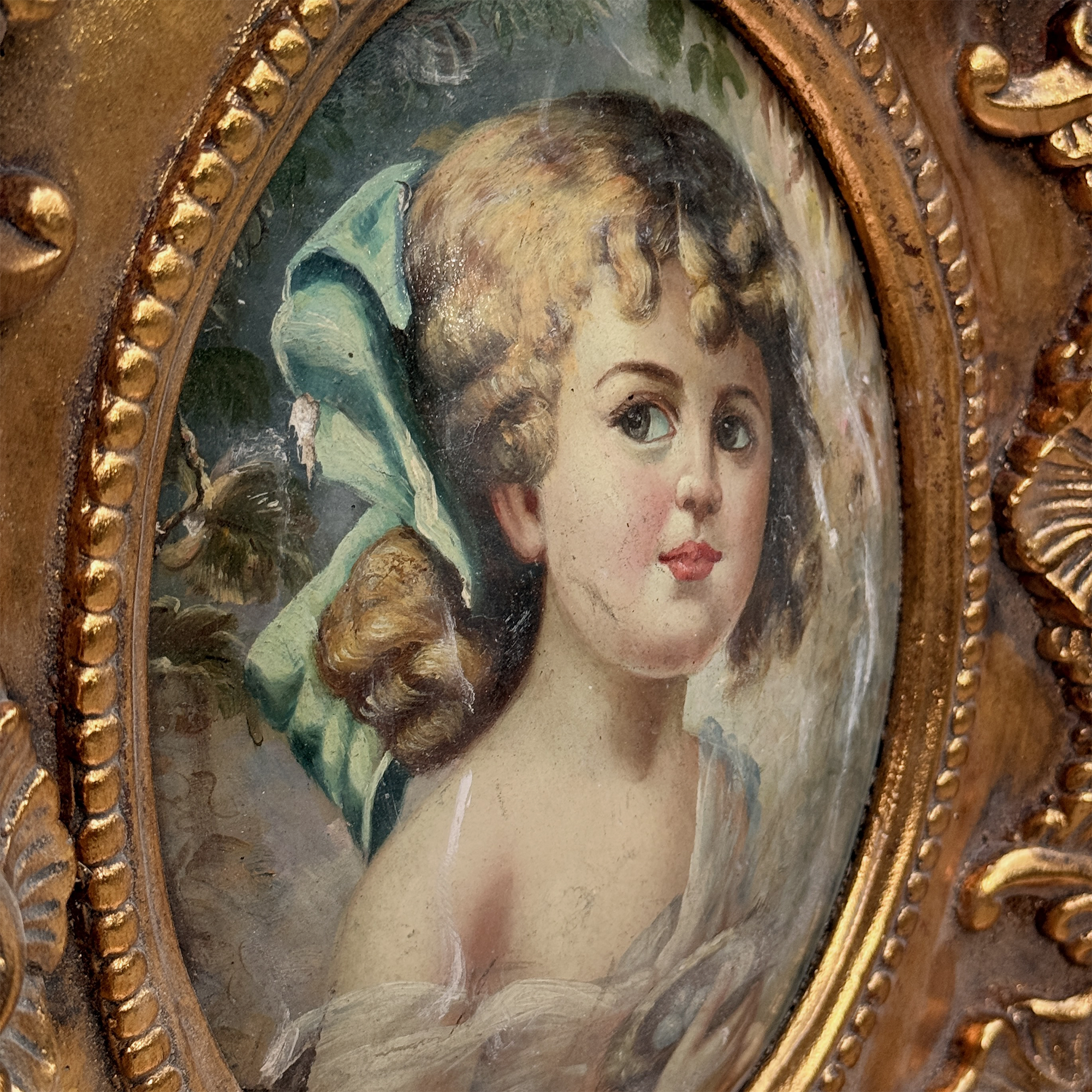Vintage Girl Portrait Painting, Classic Hand Painted Oil Artwork, Baroque Style Ornate Framed Art
