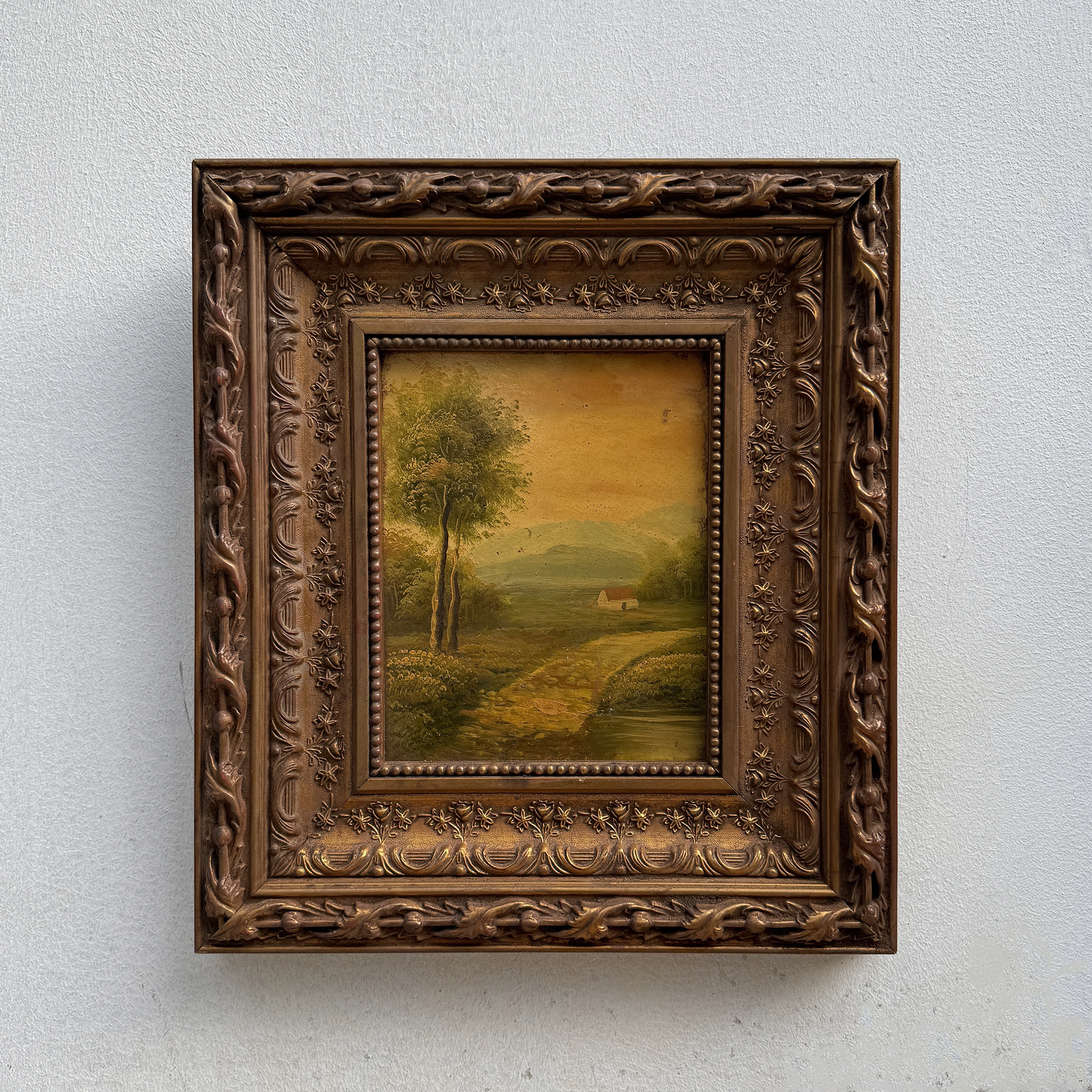 Original Vintage Landscape Oil Painting, Rustic Countryside Path Scene in Ornate Wooden Frame – 15.7 × 17.7 in