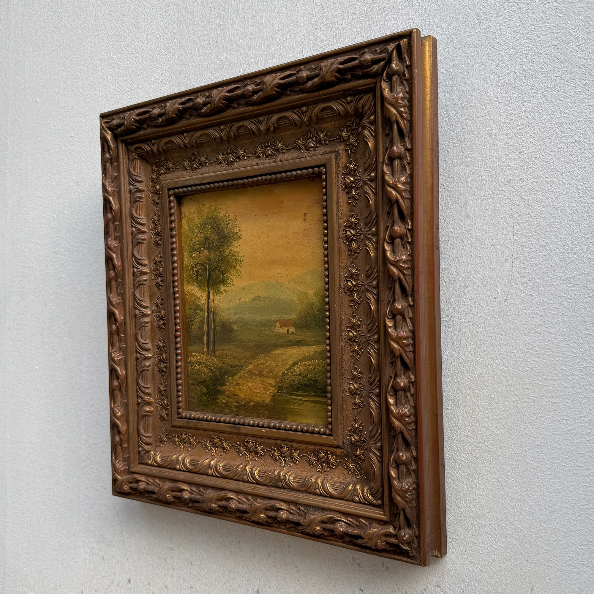 Original Vintage Landscape Oil Painting, Rustic Countryside Path Scene in Ornate Wooden Frame – 15.7 × 17.7 in