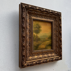 Original Vintage Landscape Oil Painting, Rustic Countryside Path Scene in Ornate Wooden Frame – 15.7 × 17.7 in
