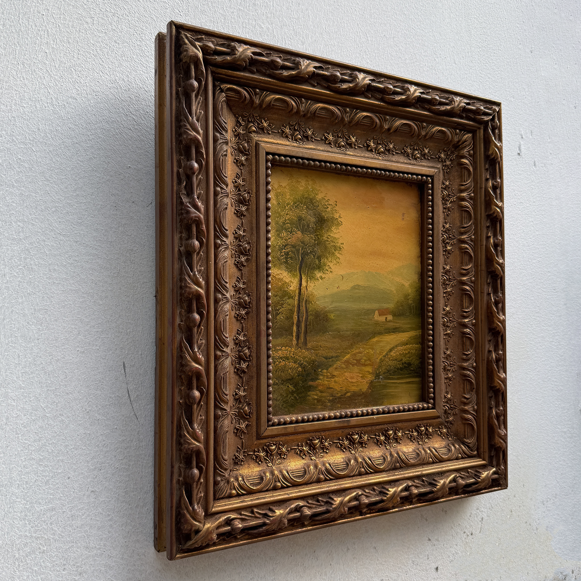 Original Vintage Landscape Oil Painting, Rustic Countryside Path Scene in Ornate Wooden Frame – 15.7 × 17.7 in