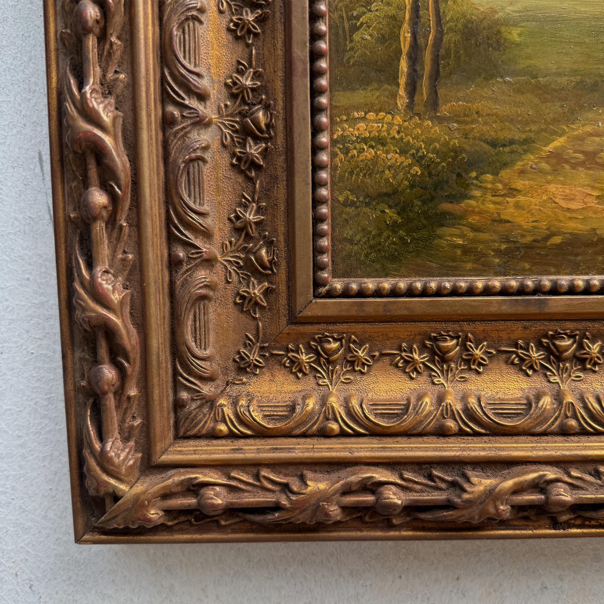 Original Vintage Landscape Oil Painting, Rustic Countryside Path Scene in Ornate Wooden Frame – 15.7 × 17.7 in