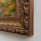 Original Vintage Landscape Oil Painting, Rustic Countryside Path Scene in Ornate Wooden Frame – 15.7 × 17.7 in