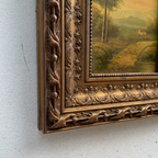Original Vintage Landscape Oil Painting, Rustic Countryside Path Scene in Ornate Wooden Frame – 15.7 × 17.7 in