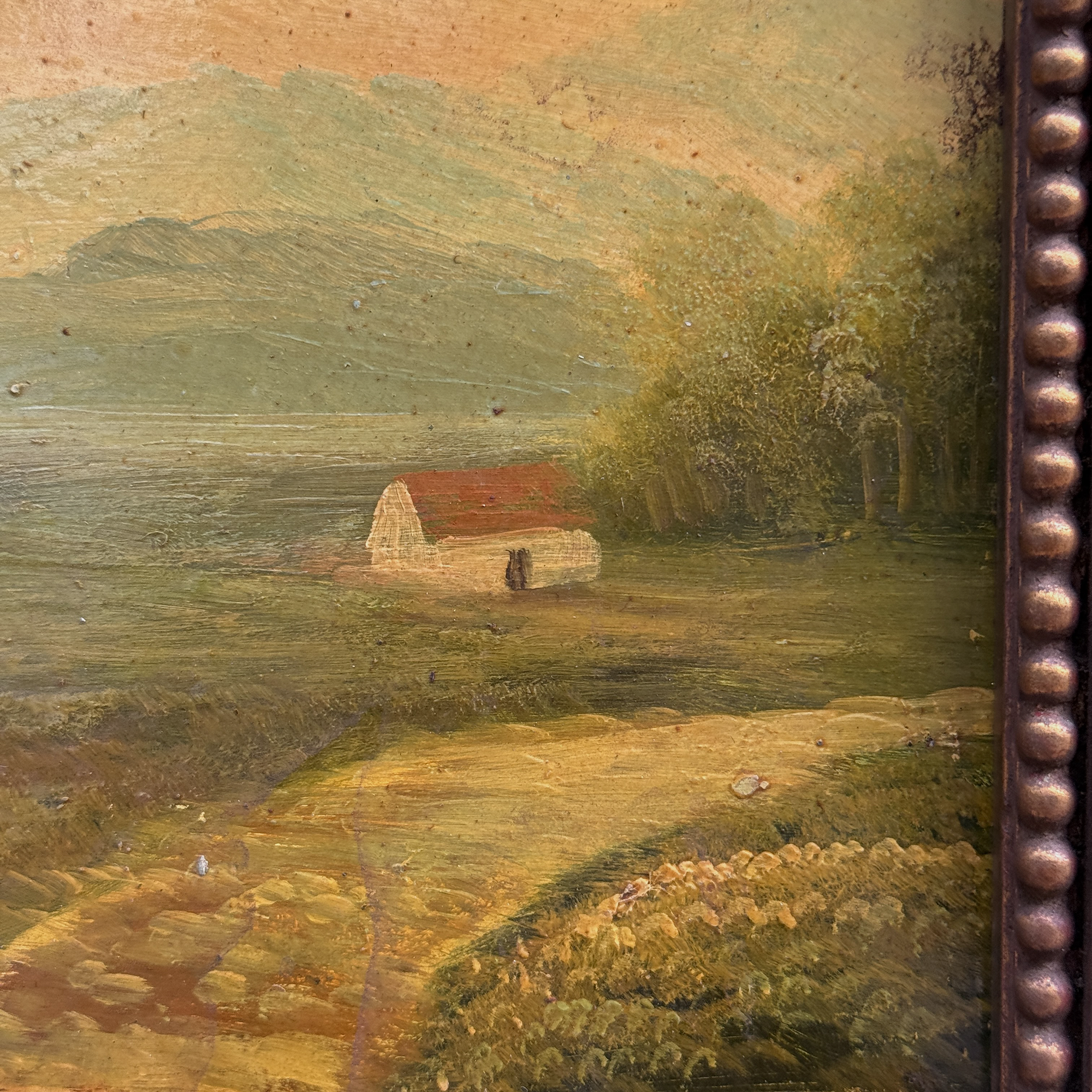 Original Vintage Landscape Oil Painting, Rustic Countryside Path Scene in Ornate Wooden Frame – 15.7 × 17.7 in