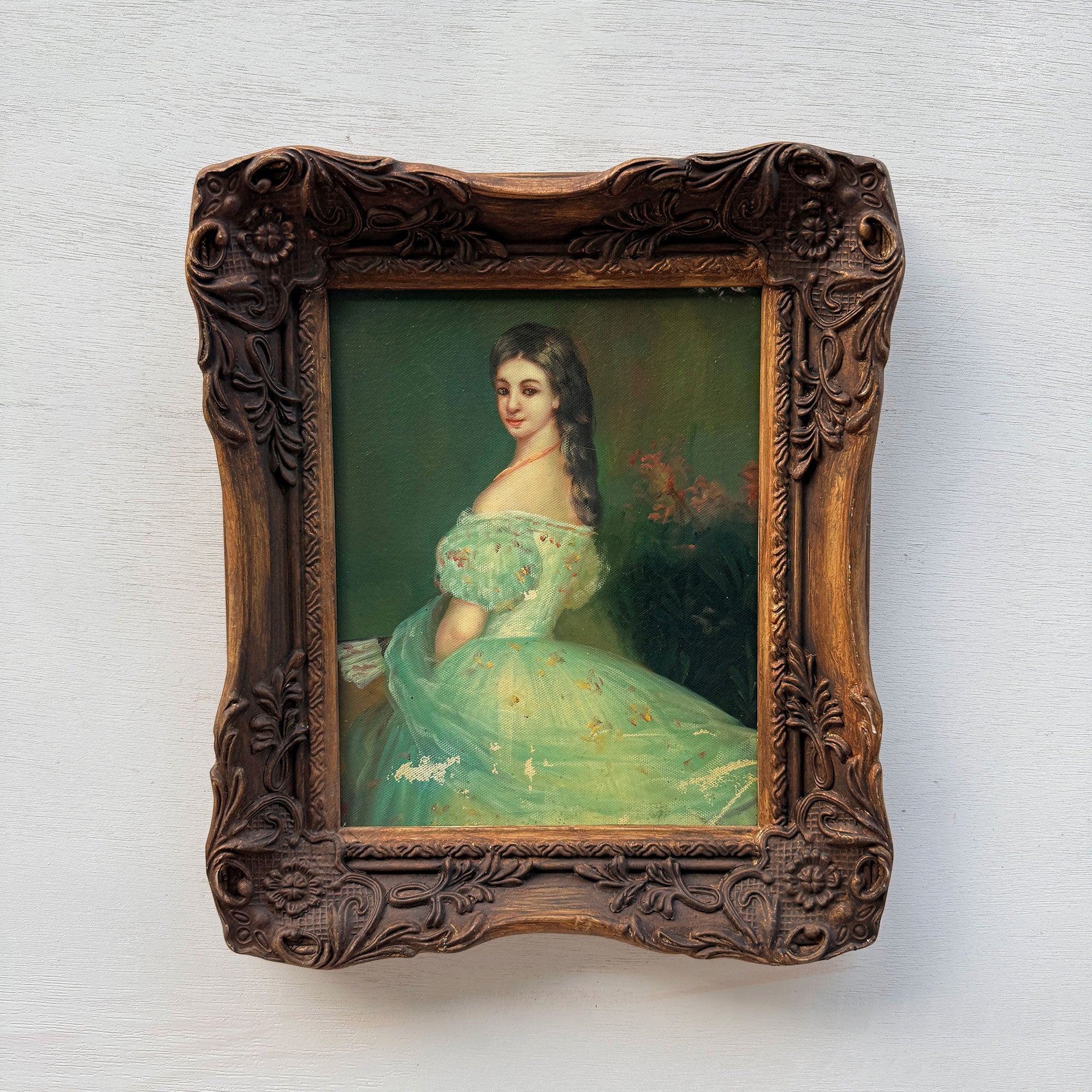 Lady in Green | Vintage Portrait Oil Painting | Carved Wood Frame | 11.2×13.2in