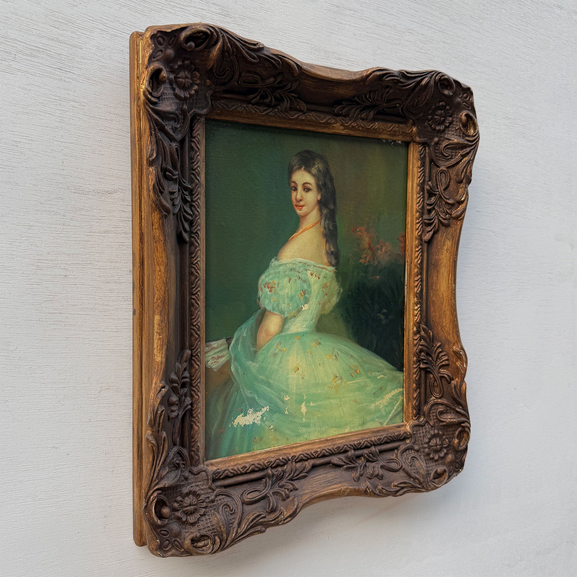 Lady in Green | Vintage Portrait Oil Painting | Carved Wood Frame | 11.2×13.2in