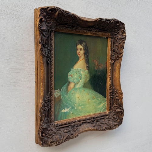 Lady in Green | Vintage Portrait Oil Painting | Carved Wood Frame | 11.2×13.2in
