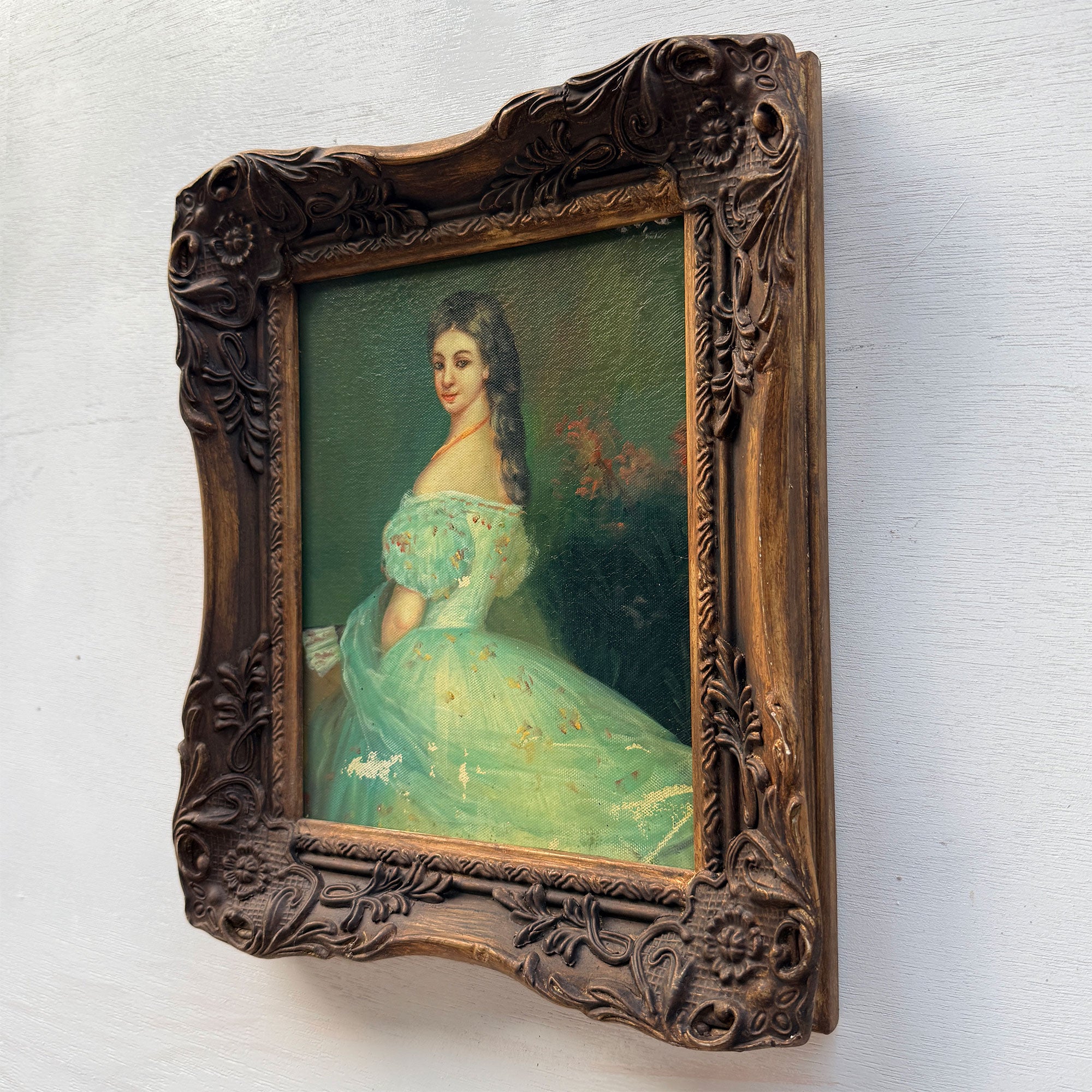 Lady in Green | Vintage Portrait Oil Painting | Carved Wood Frame | 11.2×13.2in