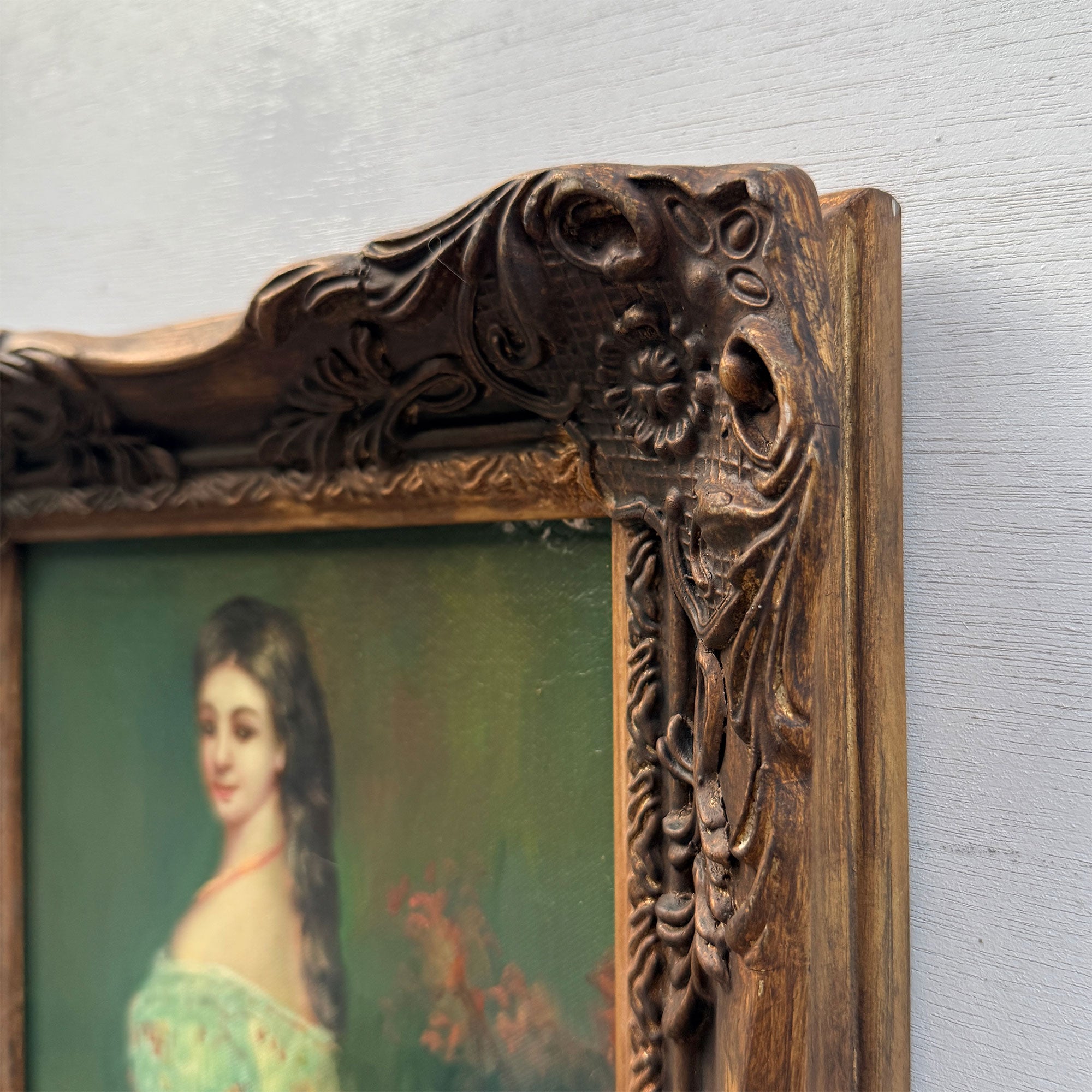 Lady in Green | Vintage Portrait Oil Painting | Carved Wood Frame | 11.2×13.2in