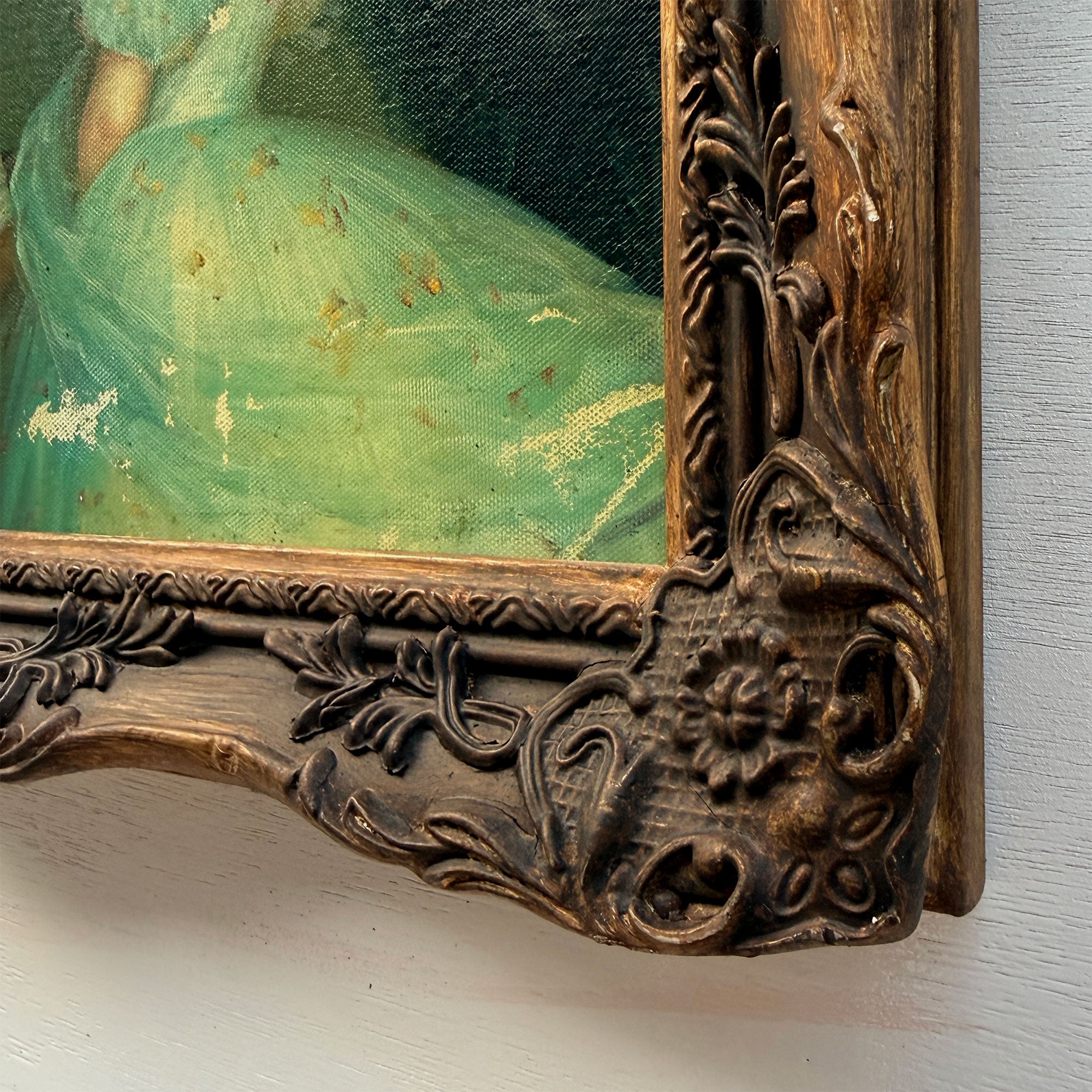 Lady in Green | Vintage Portrait Oil Painting | Carved Wood Frame | 11.2×13.2in
