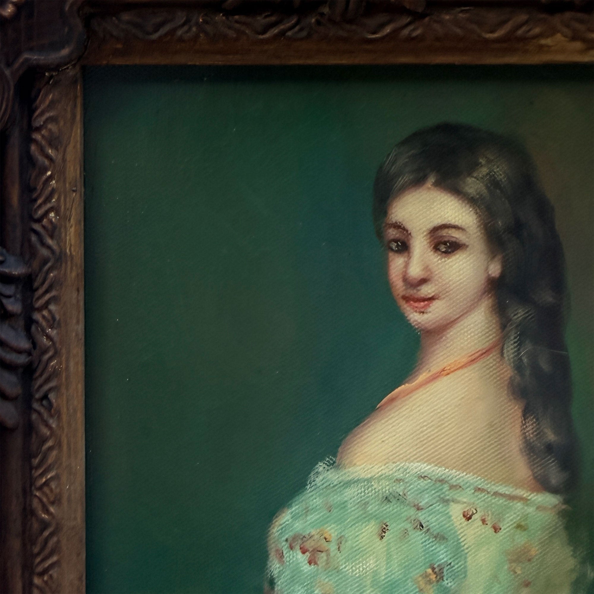 Lady in Green | Vintage Portrait Oil Painting | Carved Wood Frame | 11.2×13.2in