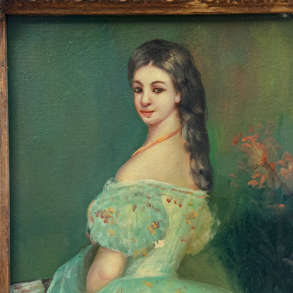Lady in Green | Vintage Portrait Oil Painting | Carved Wood Frame | 11.2×13.2in