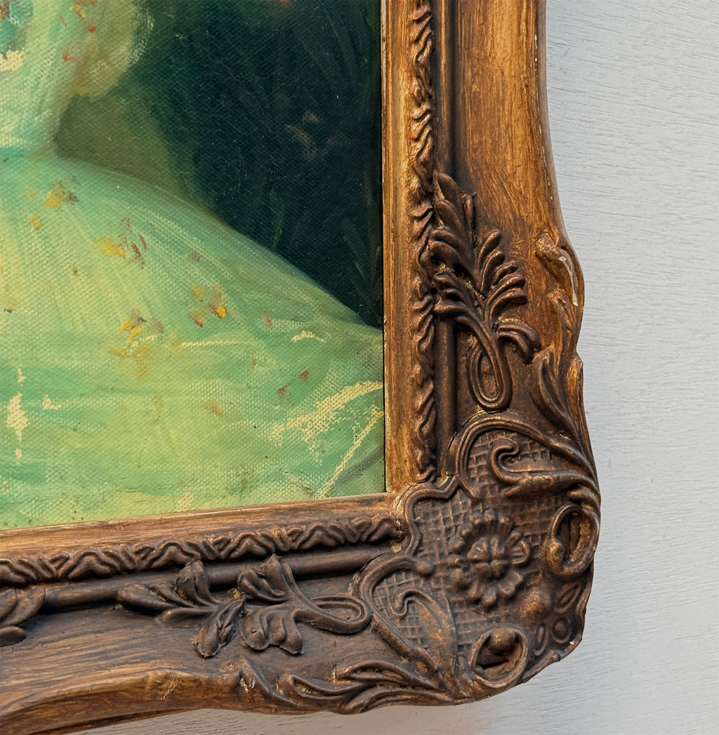Lady in Green | Vintage Portrait Oil Painting | Carved Wood Frame | 11.2×13.2in