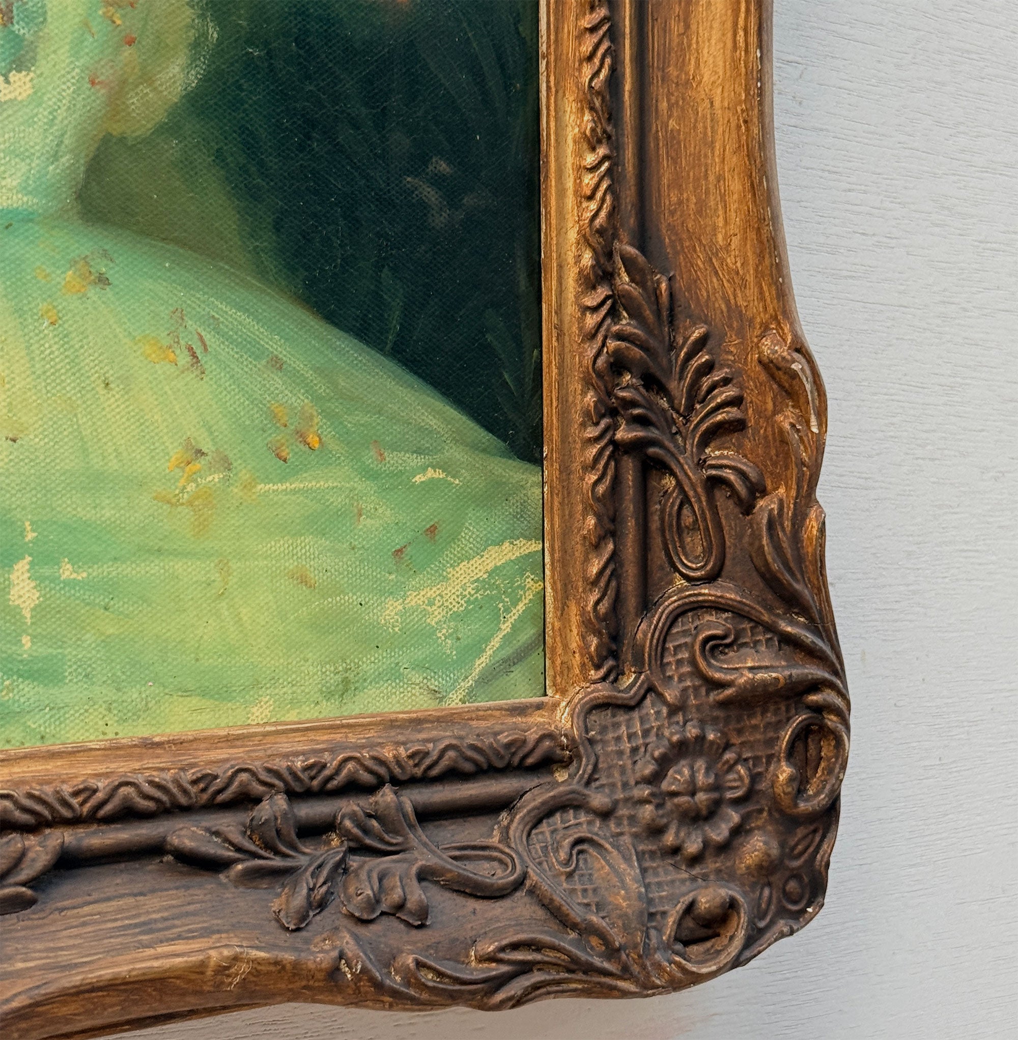 Lady in Green | Vintage Portrait Oil Painting | Carved Wood Frame | 11.2×13.2in