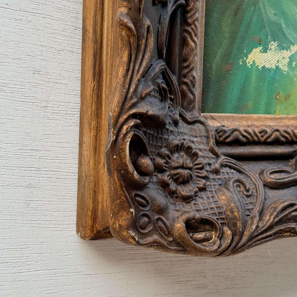 Lady in Green | Vintage Portrait Oil Painting | Carved Wood Frame | 11.2×13.2in
