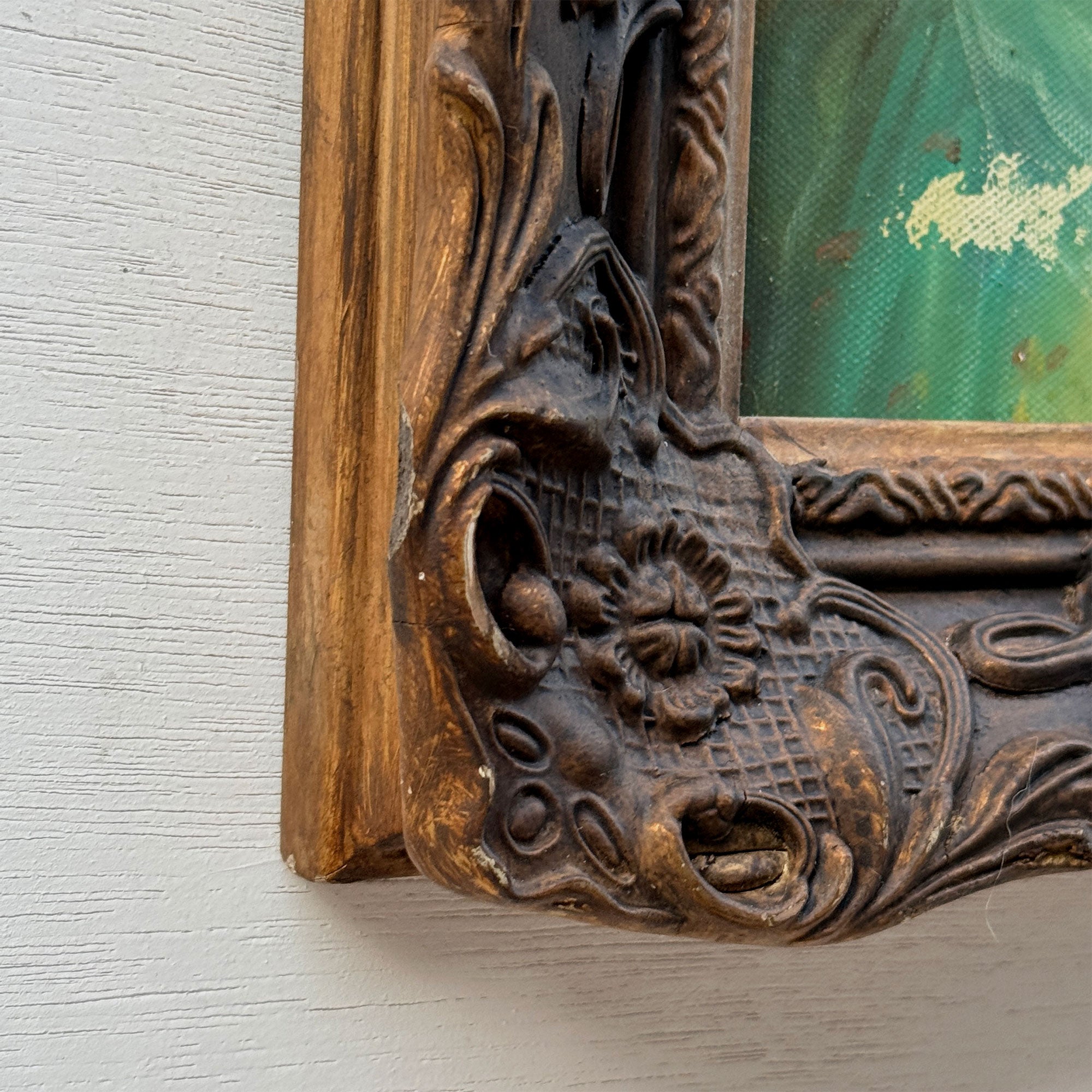 Lady in Green | Vintage Portrait Oil Painting | Carved Wood Frame | 11.2×13.2in