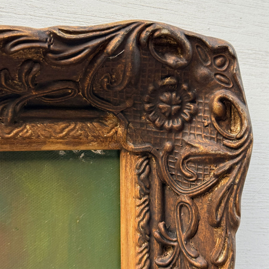 Lady in Green | Vintage Portrait Oil Painting | Carved Wood Frame | 11.2×13.2in