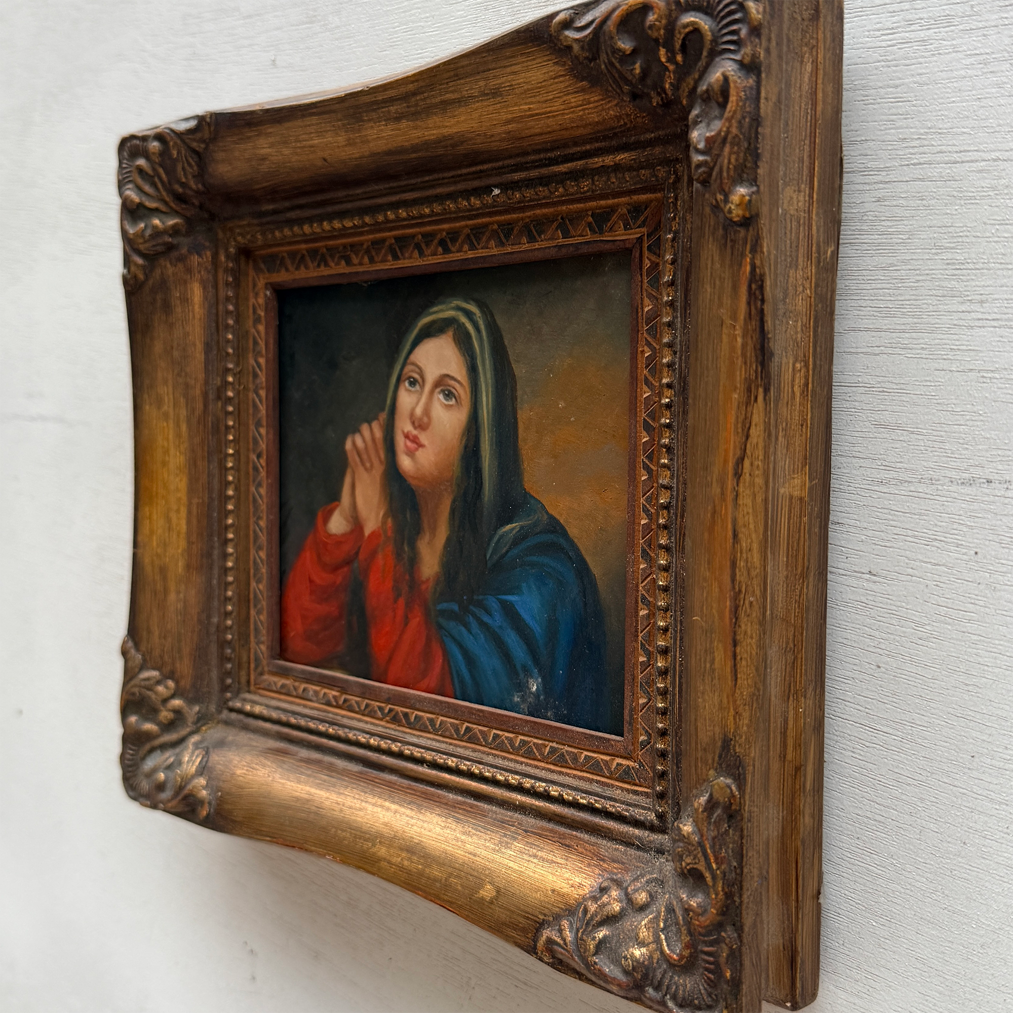 Vintage Madonna Portrait Painting, Classical Religious Art in Wooden Frame