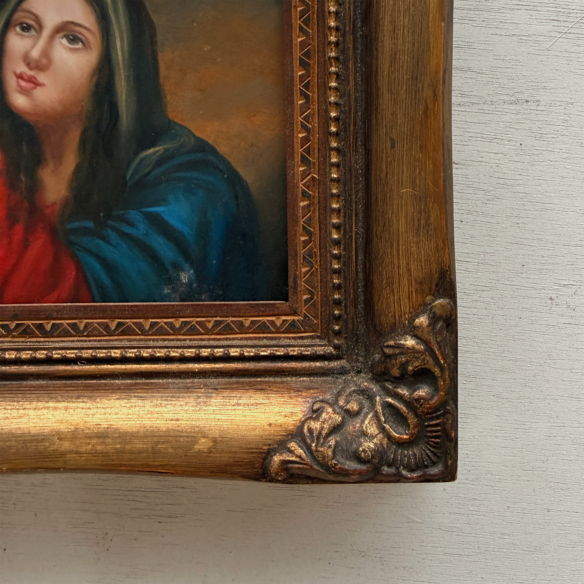 Vintage Madonna Portrait Painting, Classical Religious Art in Wooden Frame
