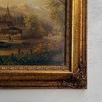 c.1960s Vintage European Alpine Landscape Oil Painting in Baroque Gold Gilt Frame