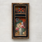 Original Floral Still Life Hand-Painted Canvas Art, Moody Cottagecore Framed Painting with Ribbon Crest (with Frame 27 × 55 cm )