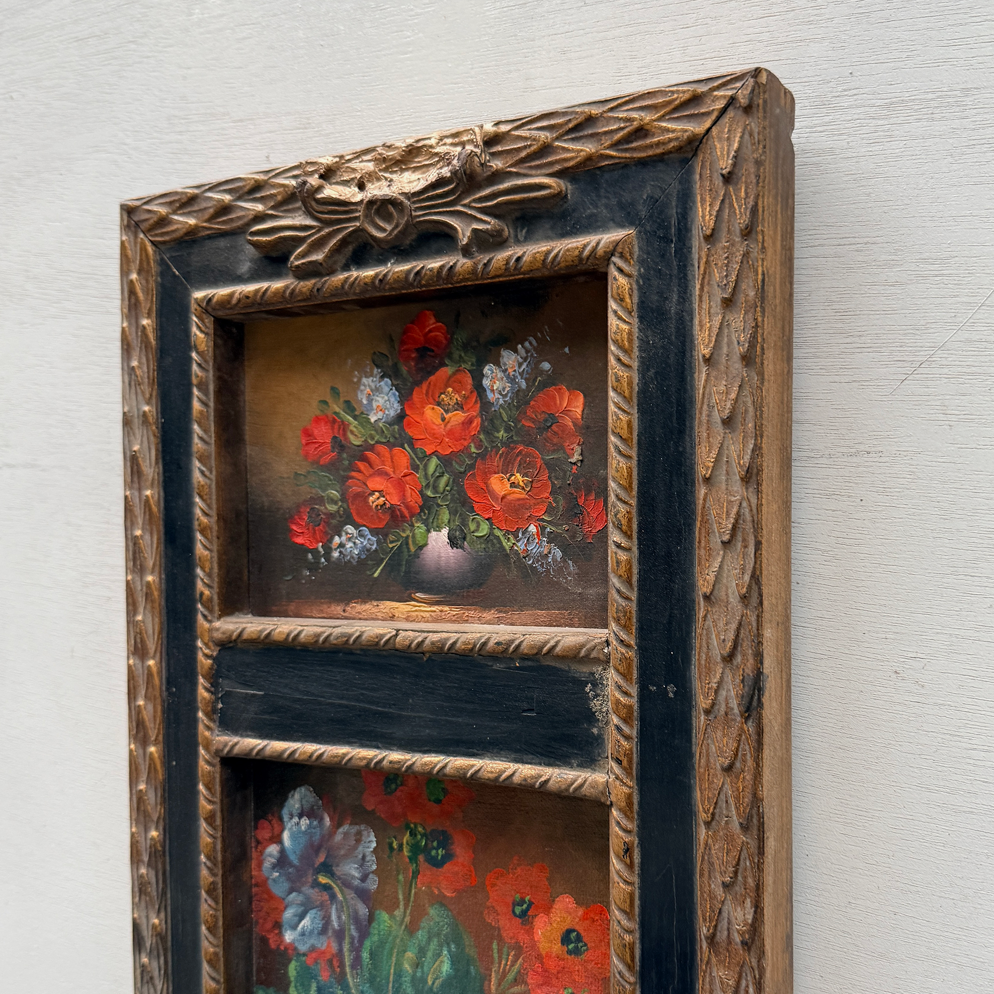 Original Floral Still Life Hand-Painted Canvas Art, Moody Cottagecore Framed Painting with Ribbon Crest (with Frame 27 × 55 cm )
