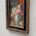 Original Floral Still Life Hand-Painted Canvas Art, Moody Cottagecore Framed Painting with Ribbon Crest (with Frame 27 × 55 cm )