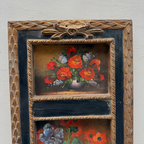 Original Floral Still Life Hand-Painted Canvas Art, Moody Cottagecore Framed Painting with Ribbon Crest (with Frame 27 × 55 cm )