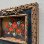 Original Floral Still Life Hand-Painted Canvas Art, Moody Cottagecore Framed Painting with Ribbon Crest (with Frame 27 × 55 cm )