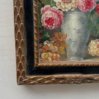 Original Floral Still Life Hand-Painted Canvas Art, Moody Cottagecore Framed Painting with Ribbon Crest (with Frame 27 × 55 cm )