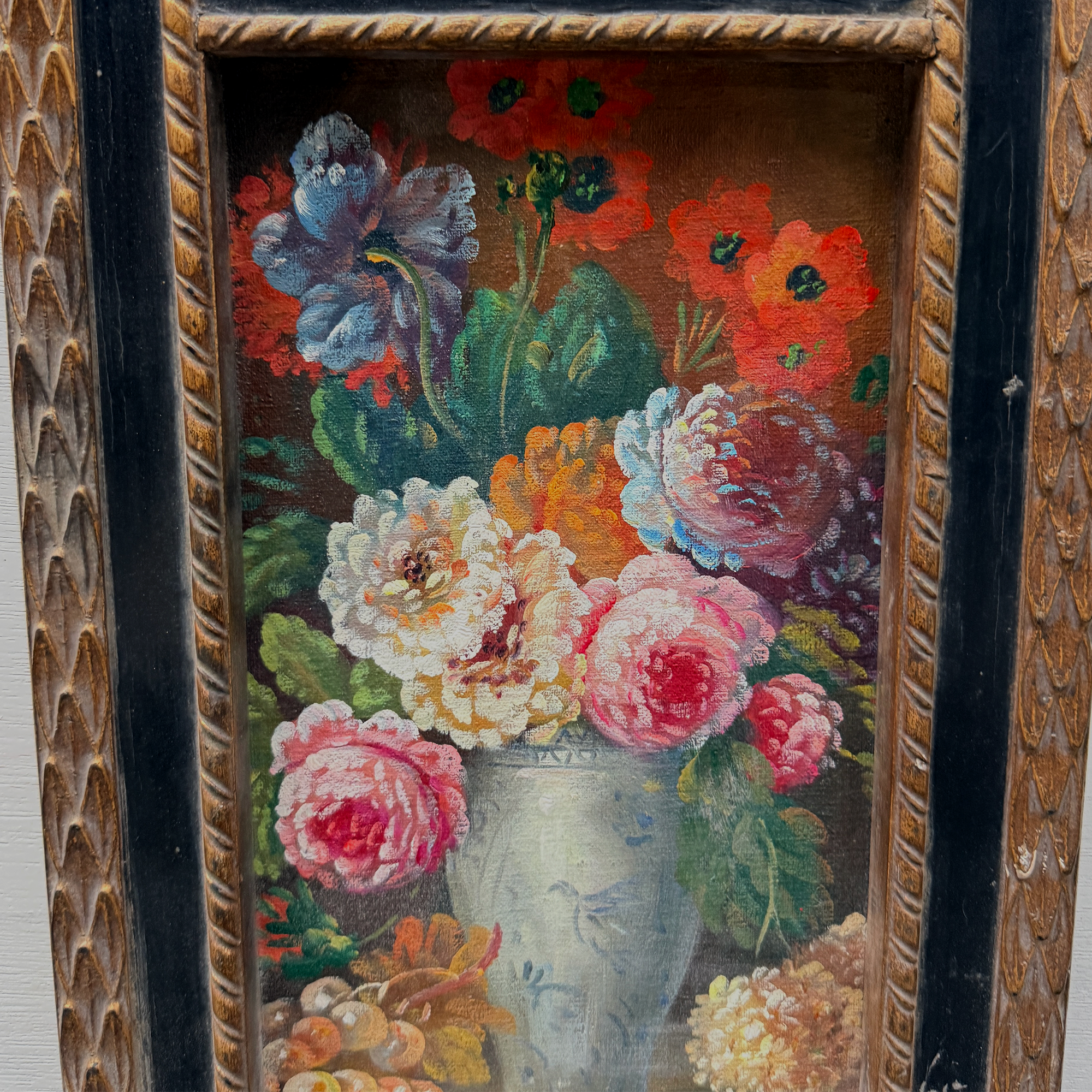 Original Floral Still Life Hand-Painted Canvas Art, Moody Cottagecore Framed Painting with Ribbon Crest (with Frame 27 × 55 cm )