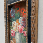 Original Floral Still Life Hand-Painted Canvas Art, Moody Cottagecore Framed Painting with Ribbon Crest (with Frame 27 × 55 cm )