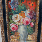 Original Floral Still Life Hand-Painted Canvas Art, Moody Cottagecore Framed Painting with Ribbon Crest (with Frame 27 × 55 cm )