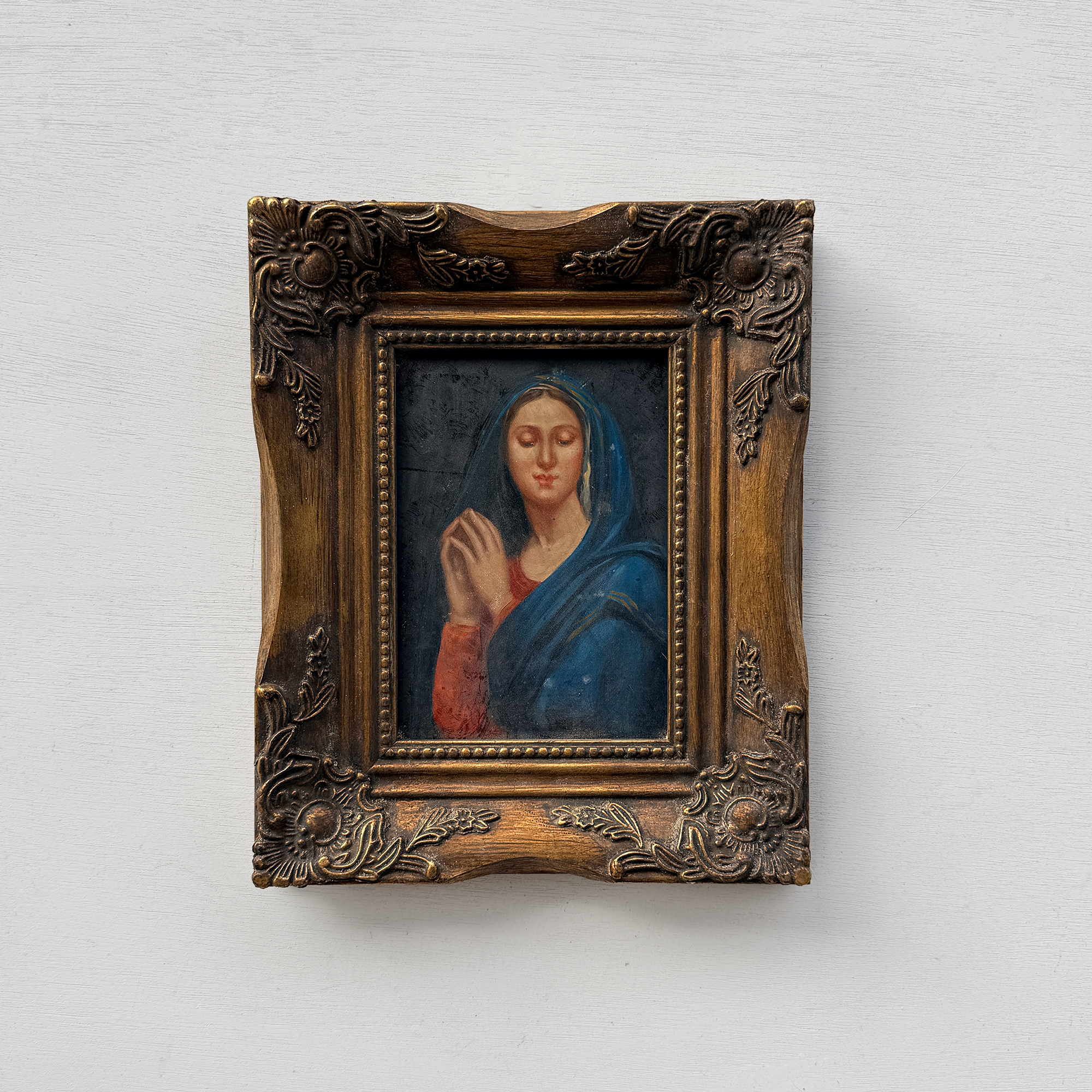 Vintage Praying Madonna Oil Painting, Small Framed Christian Art