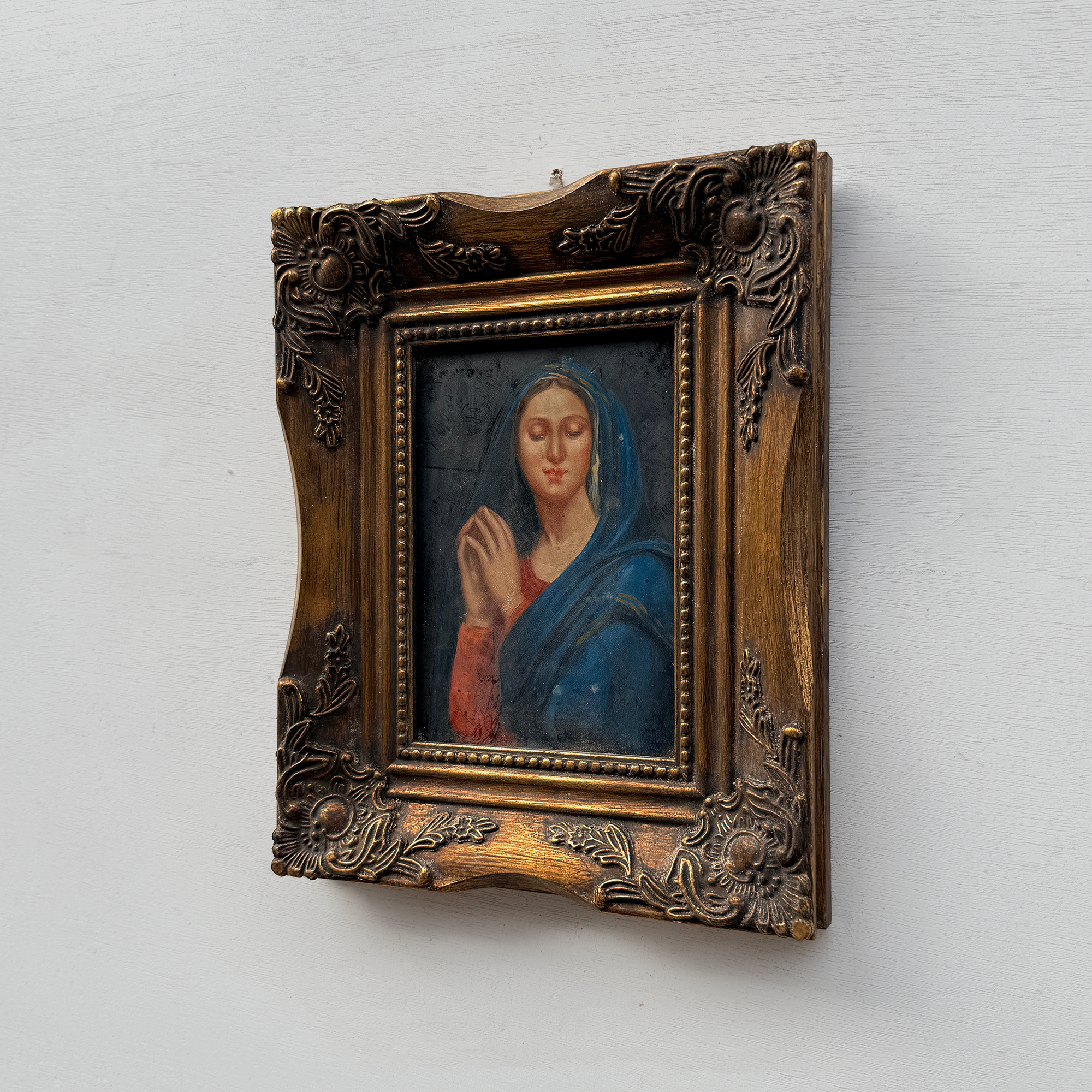 Vintage Praying Madonna Oil Painting, Small Framed Christian Art