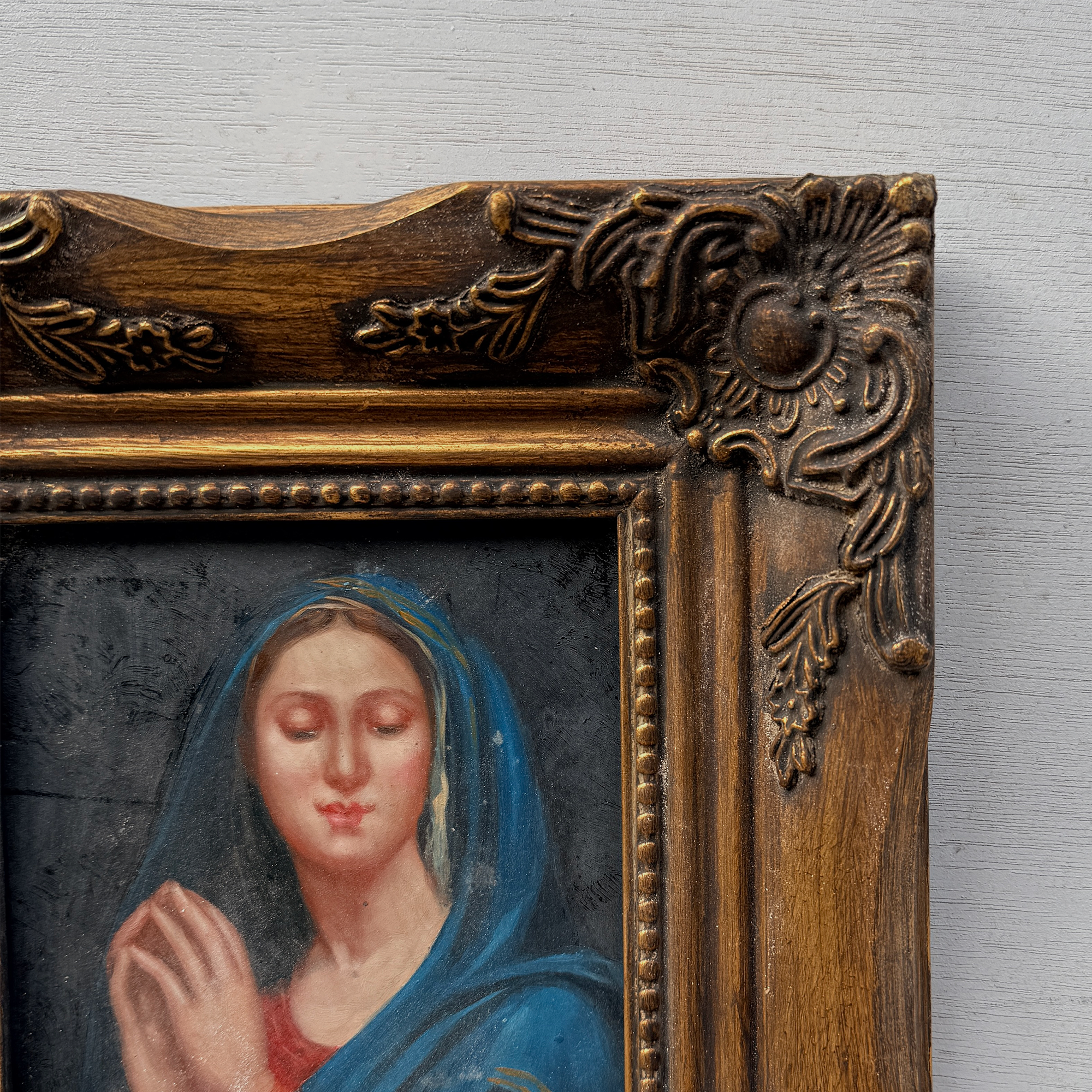Vintage Praying Madonna Oil Painting, Small Framed Christian Art
