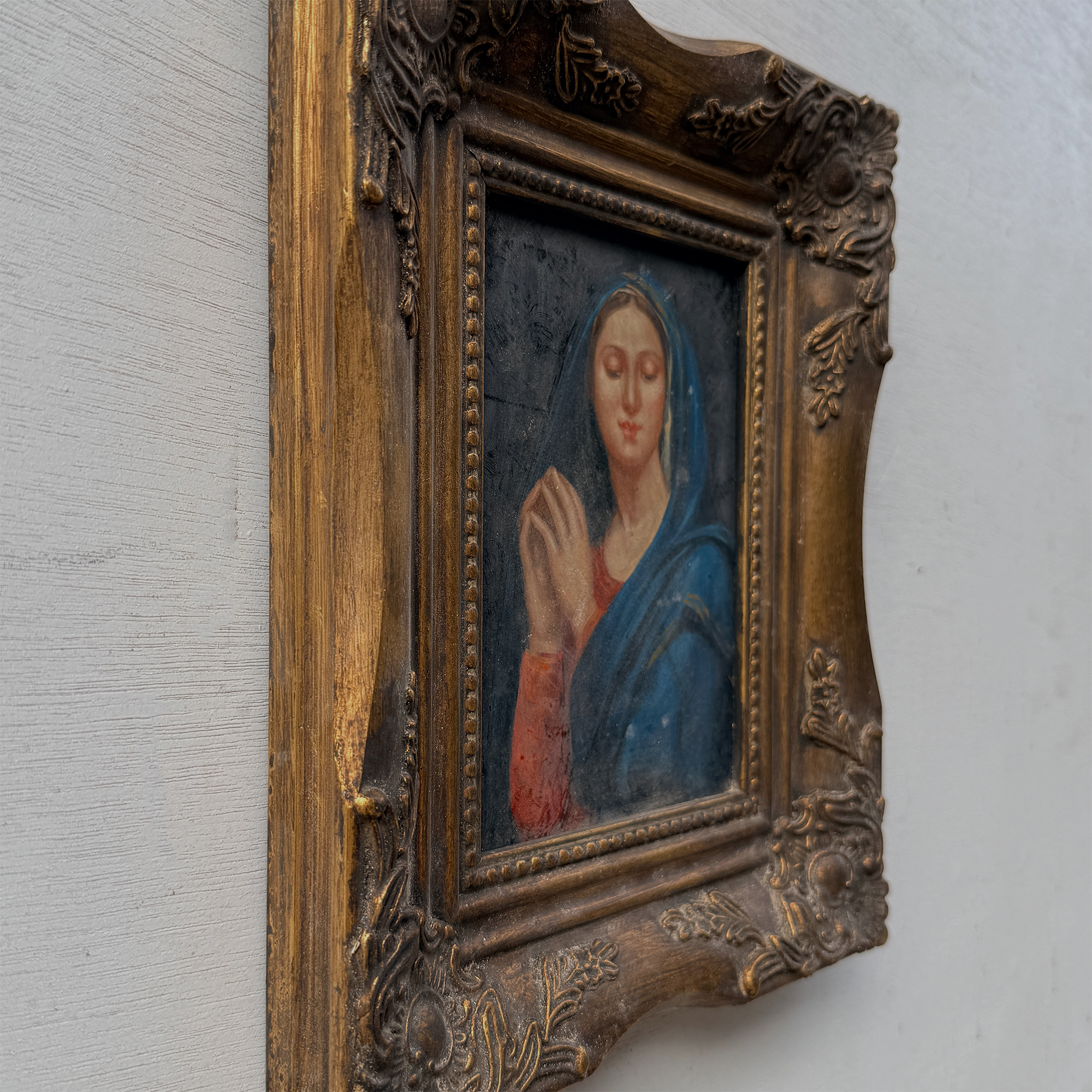 Vintage Praying Madonna Oil Painting, Small Framed Christian Art