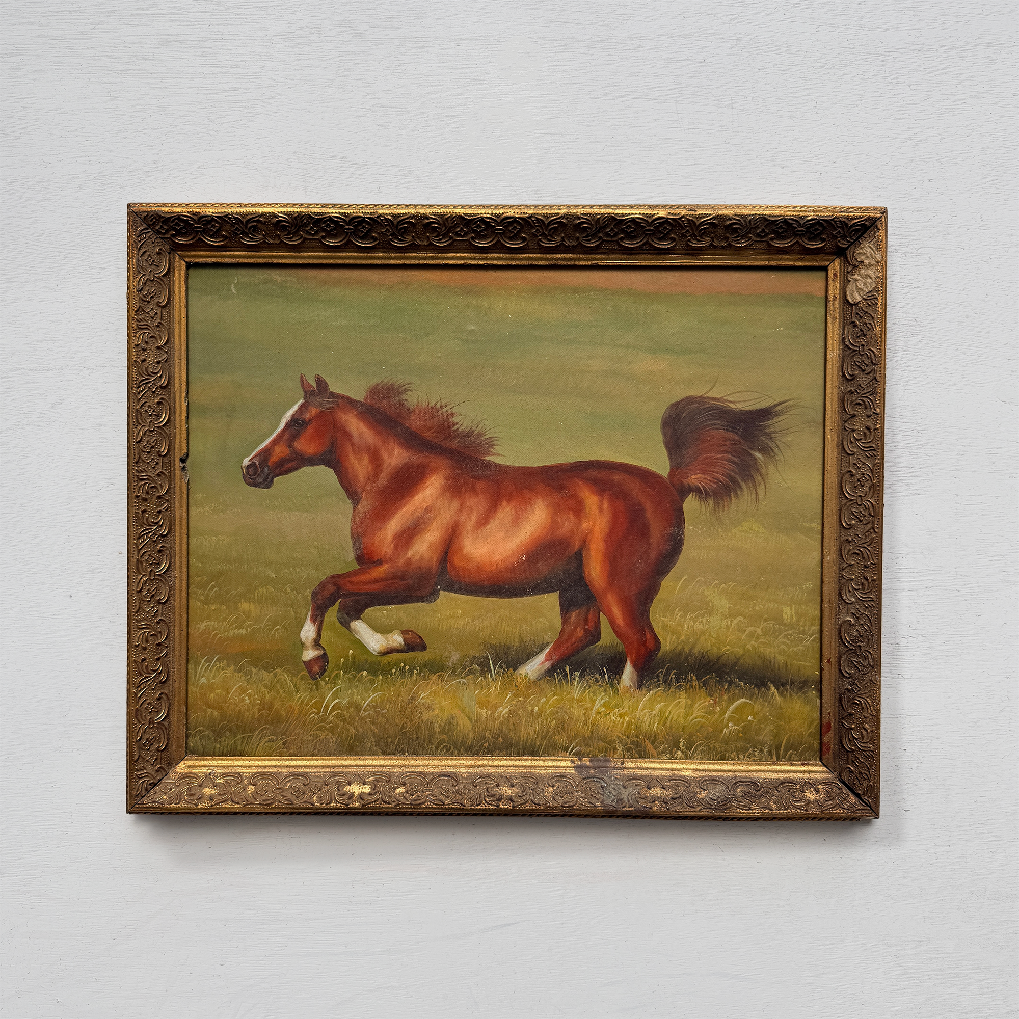Vintage Horse Painting, Classic Hand Painted Equine Artwork, Ornate Wood Framed Collectible Oil Art