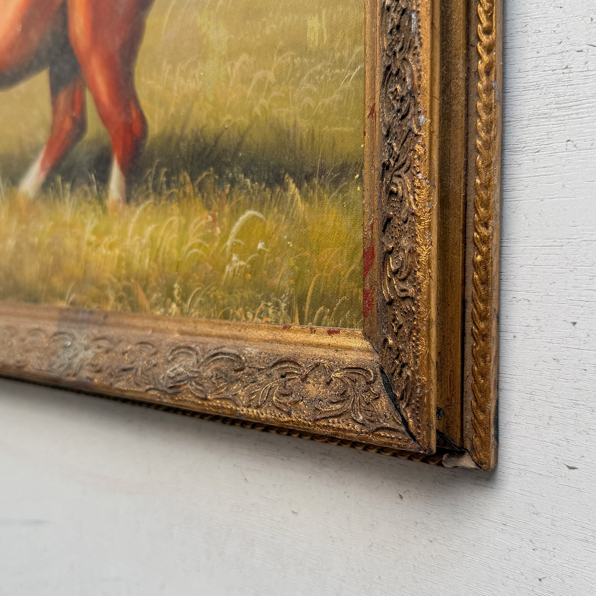 Vintage Horse Painting, Classic Hand Painted Equine Artwork, Ornate Wood Framed Collectible Oil Art