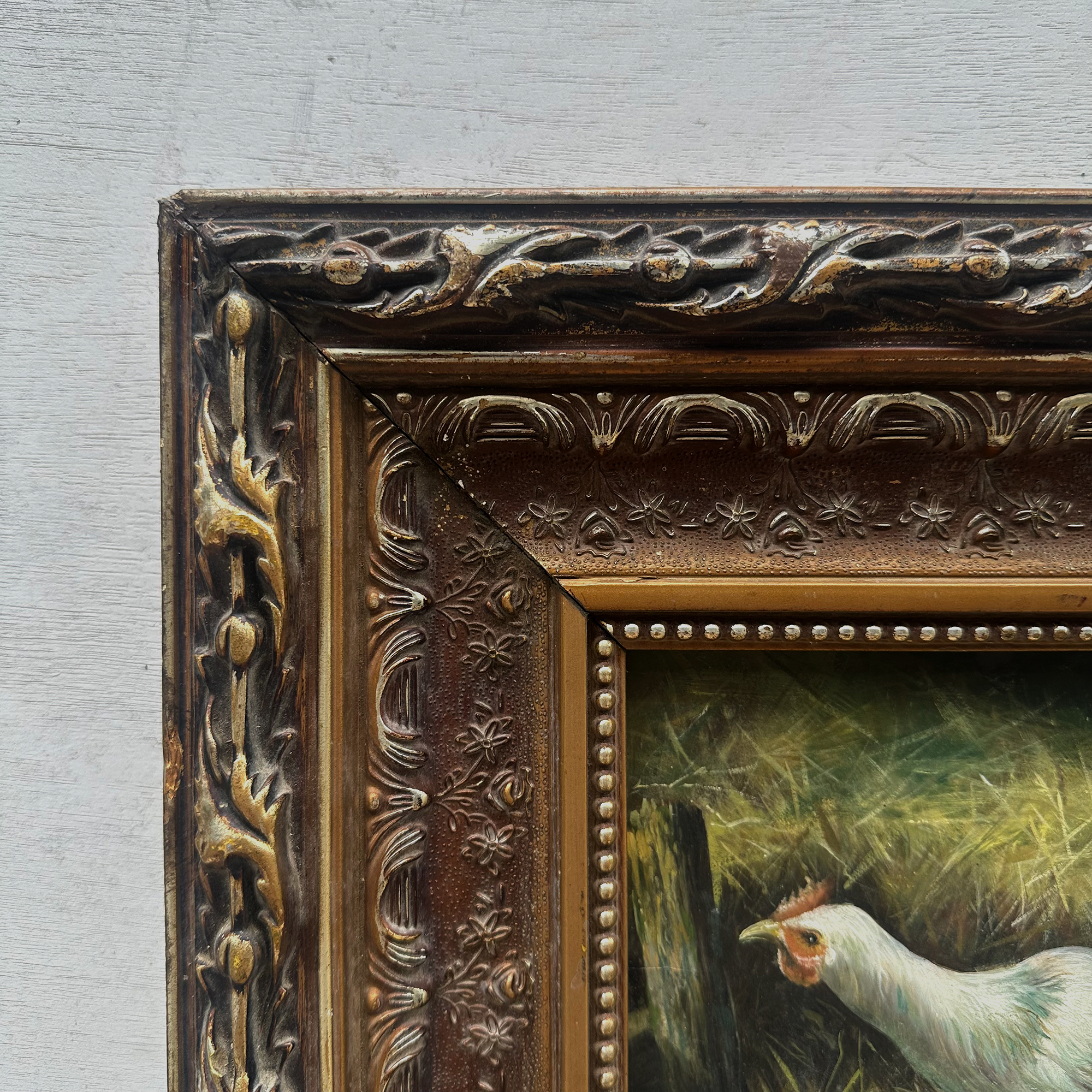 Vintage European Farmyard Oil Painting, Original Chicken Artwork for Classic Interiors(Approx. 17.7 × 15.7 inches)