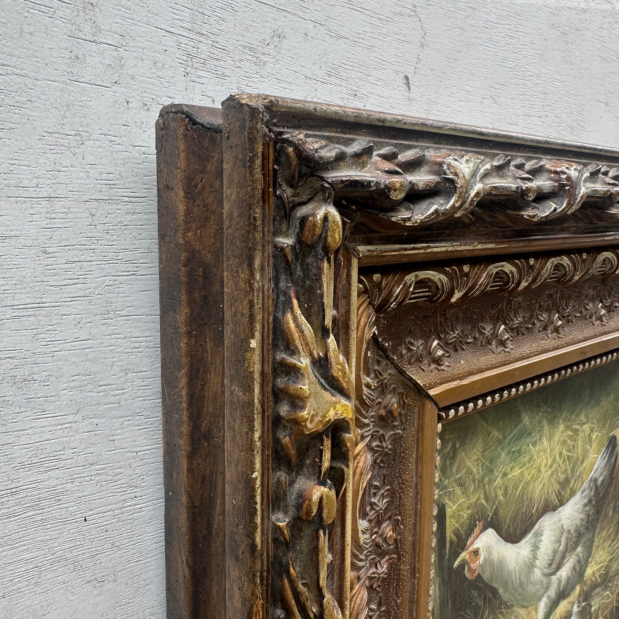 Vintage European Farmyard Oil Painting, Original Chicken Artwork for Classic Interiors(Approx. 17.7 × 15.7 inches)