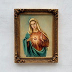 Hand-Painted Sacred Heart Religious Oil Painting, Vintage Framed Wall Art  (15.0 × 18.9 in)