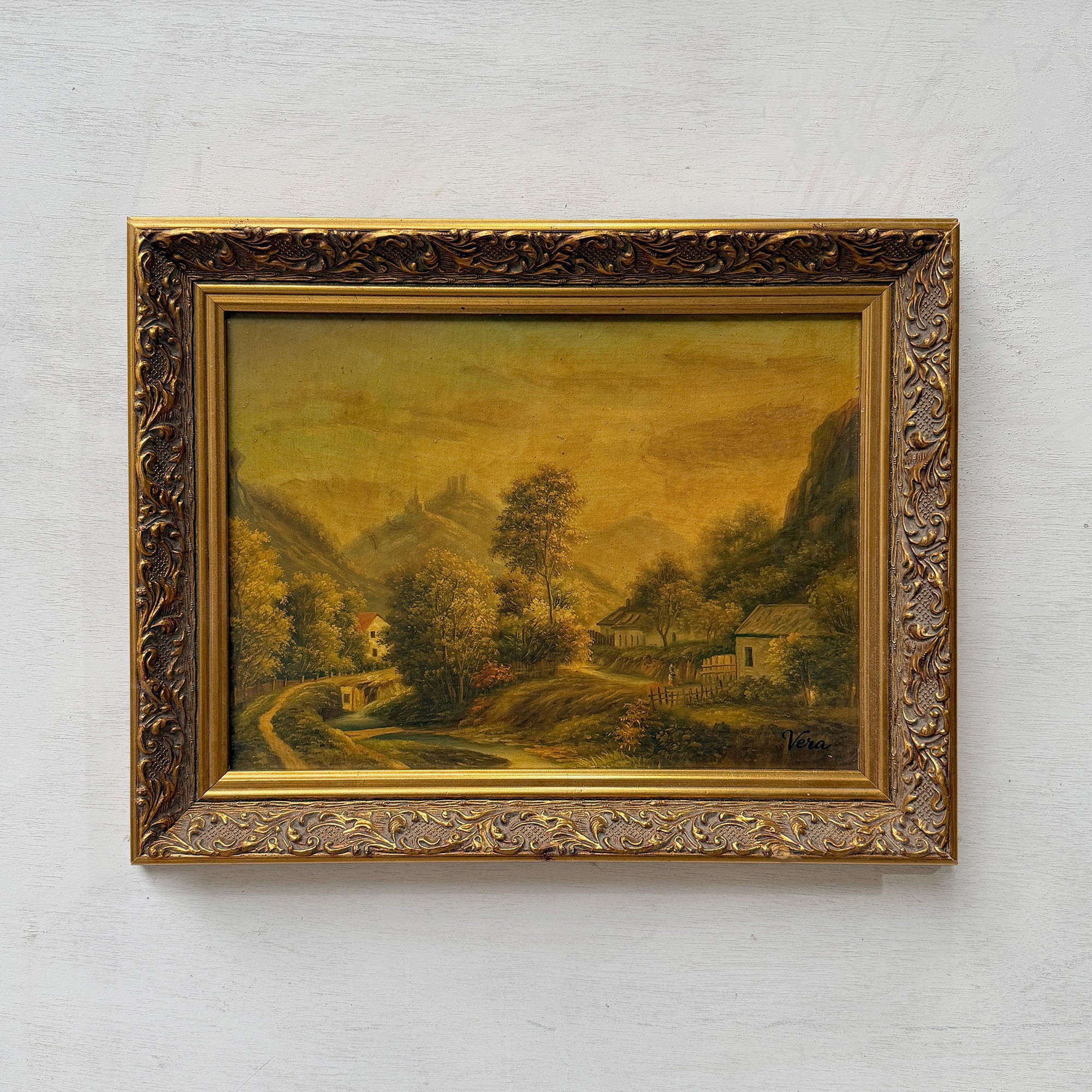 The Valley Road | Signed Vera | Vintage Landscape Oil Painting | Ornate Gold Frame | 20.1×16.1in