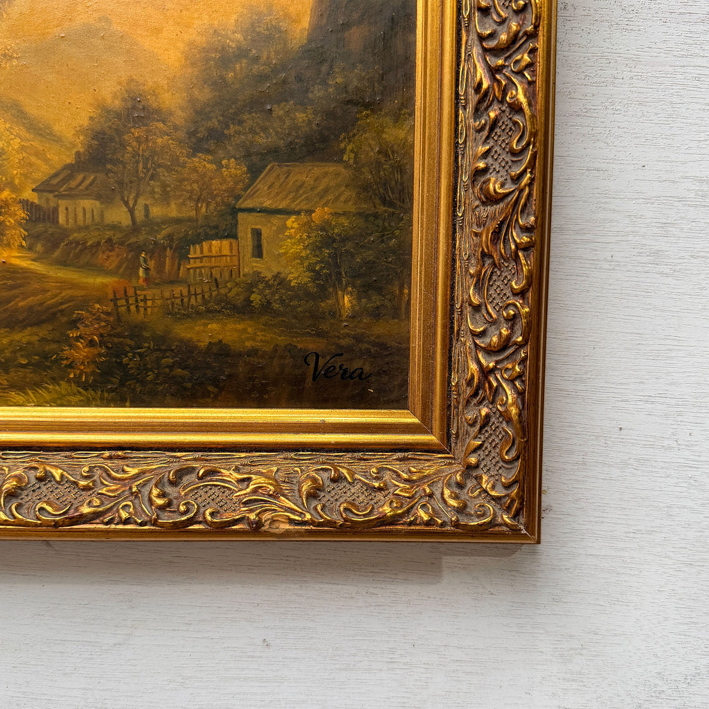 The Valley Road | Signed Vera | Vintage Landscape Oil Painting | Ornate Gold Frame | 20.1×16.1in