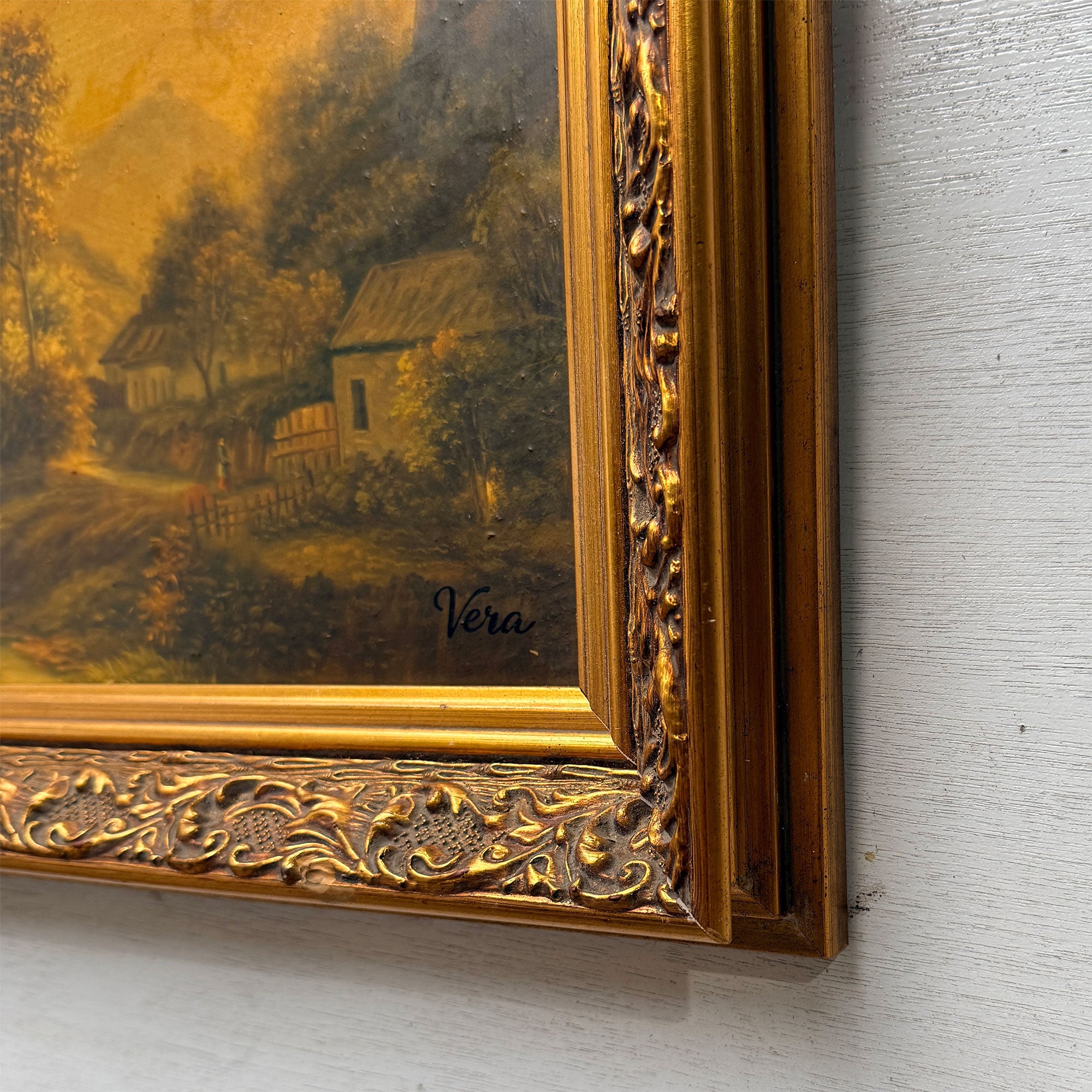The Valley Road | Signed Vera | Vintage Landscape Oil Painting | Ornate Gold Frame | 20.1×16.1in