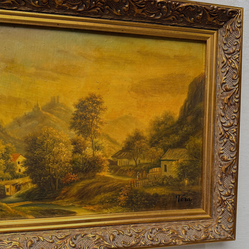 The Valley Road | Signed Vera | Vintage Landscape Oil Painting | Ornate Gold Frame | 20.1×16.1in
