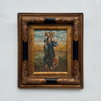 Original Vintage European Folk Woman Oil Painting with Lamb, Framed Pastoral Figure Art