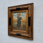 Original Vintage European Folk Woman Oil Painting with Lamb, Framed Pastoral Figure Art
